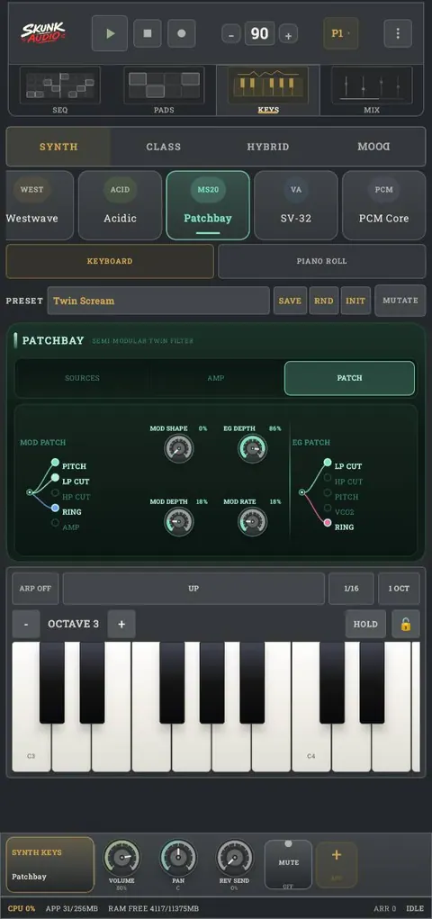 KEYS screen in SkunkAudio