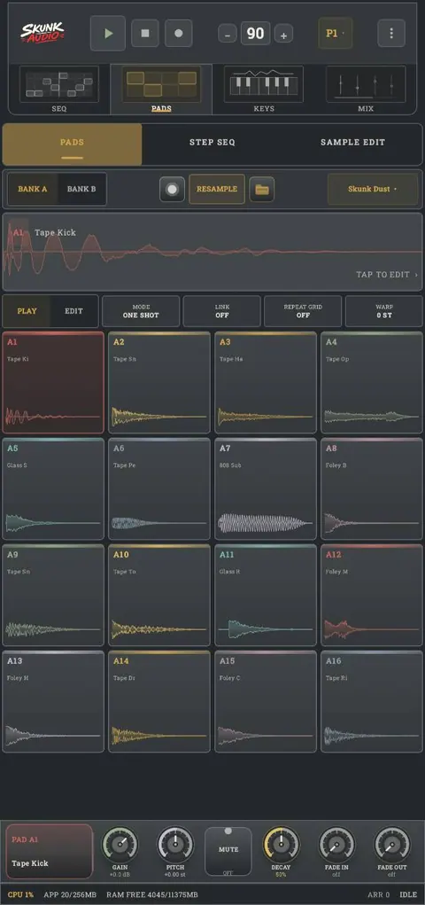Real SkunkAudio app screen showing the 4-by-4 sampler, selected-pad waveform and controls